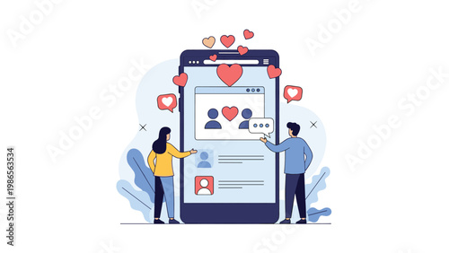 People interacting with a giant smartphone for online dating and social networking surrounded by floating red heart icons.