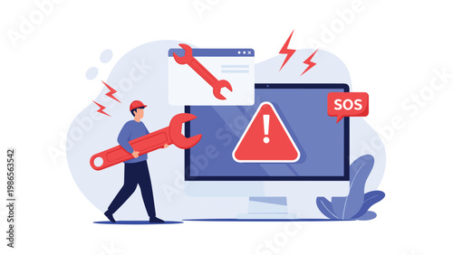 Technical support specialist carrying a large wrench to fix computer errors and system warnings on a desktop monitor screen.