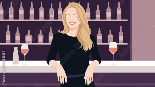 Portrait of a beautiful smiling blonde woman standing in front of a bar counter with many bottles of wine on the shelves.