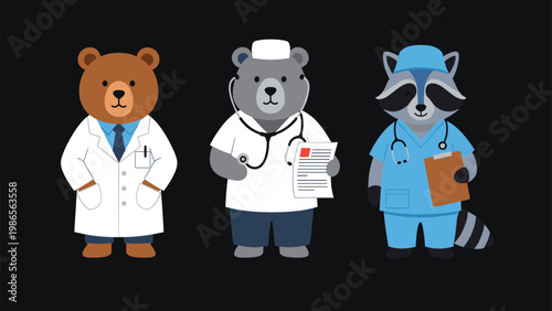 Three cute animal characters dressed as doctors including two bears and a raccoon on a black background for kids health.
