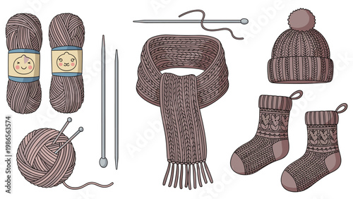 Winter knitting set including yarn balls knitting needles warm wool scarf pom pom hat and a pair of cozy patterned socks.