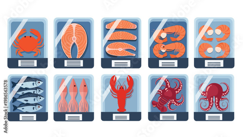 Collection of various packaged seafood products like crab salmon shrimp fish squid lobster and octopus in blue trays.