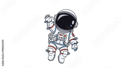 Cute cartoon illustration of an astronaut in a white space suit waving hello while floating against a plain background.