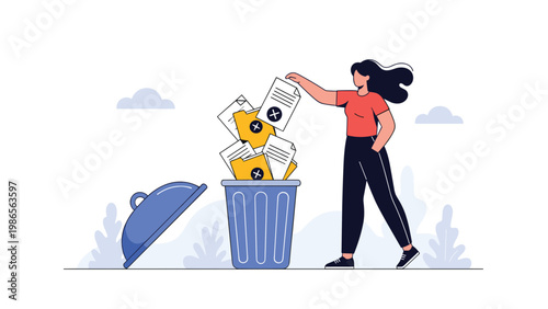 Woman cleaning up digital files and documents by throwing folders into a blue trash can to organize her workspace efficiently.