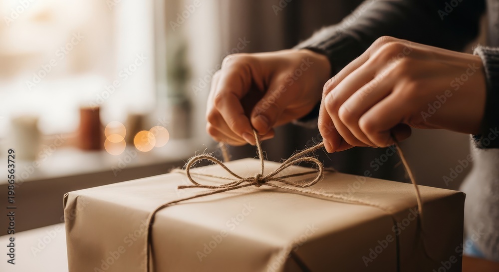 Fototapeta premium Person ties a twine bow onto a rustic gift box wrapped in brown paper.