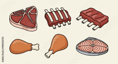 Assortment of Raw Meats: T-bone Steak, Pork Ribs, Chicken Drumstick, and Salmon Fillet in Bright Studio