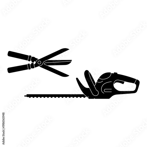Black and white gardening tools, pruning shears and chainsaw, vector icons