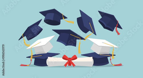 Graduation: A visual depiction of caps thrown in the air, representing a monumental achievement of learning and academic success and a diploma symbolizes the culmination of hard work.