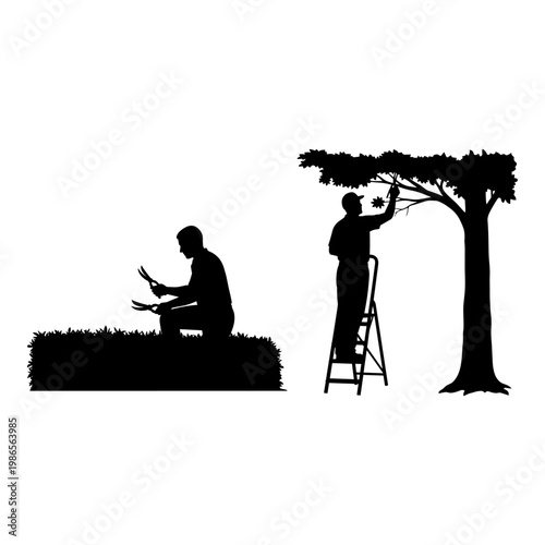 Black silhouette icons, gardening and landscaping, tree pruning, yard work, gardening tools