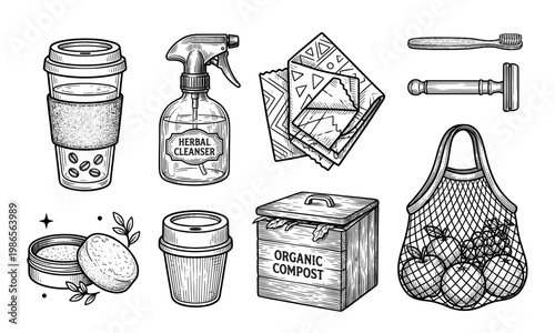 Sustainable lifestyle and zero waste icon set, hand drawn line art of eco friendly products, vector engraving style illustration of daily essentials.