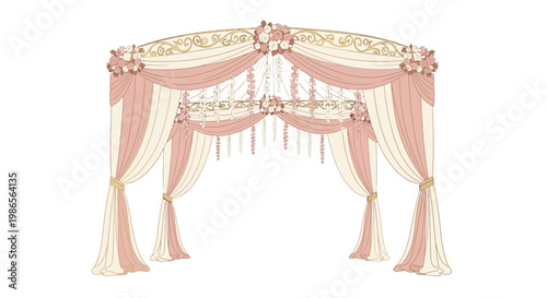 Vector illustration of an ornate wedding archway with draped blush and cream fabric, adorned with floral arrangements and decorative embellishments, set against a clean white background
