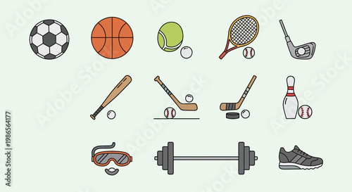 Sports Equipment Icons: A collection of various sports equipment icons, including a soccer ball, basketball, tennis ball and racket, golf club, baseball bat, hockey stick, bowling, goggles, dumbbell.