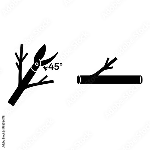 Gardening tools, pruning shears, cutting branch, 45 degree angle, vector icons