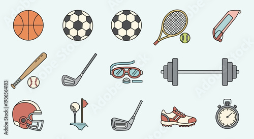 Sports Equipment Icons: A collection of various sports equipment icons, perfect for illustrating diverse athletic activities and recreational pursuits.