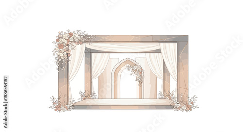 Watercolor illustration of a wedding stage decorated with flowers and draped white curtains, set against a plain white background to convey a romantic and elegant mood with a shallow depth