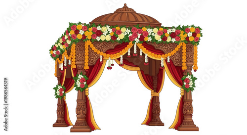A decorative brown wedding mandap, adorned with colorful flowers and draped red curtains, is presented in a detailed vector illustration against a clean white background, creating a festive