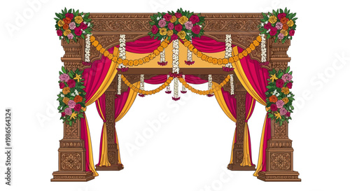 An ornate, symmetrical Indian wedding archway is displayed with red and gold draping fabrics, adorned with garlands of white flowers, framed by colorful floral arrangements in a festive