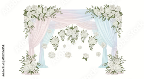 Vector illustration of a decorative wedding arch adorned with white roses and draped fabrics in pastel shades, creating a romantic and elegant scene against a clean white background