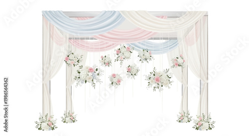 Against a white background, a wedding arch decorated with pastel-colored draped fabrics and floral arrangements is displayed in a studio shot, creating a romantic and elegant scene