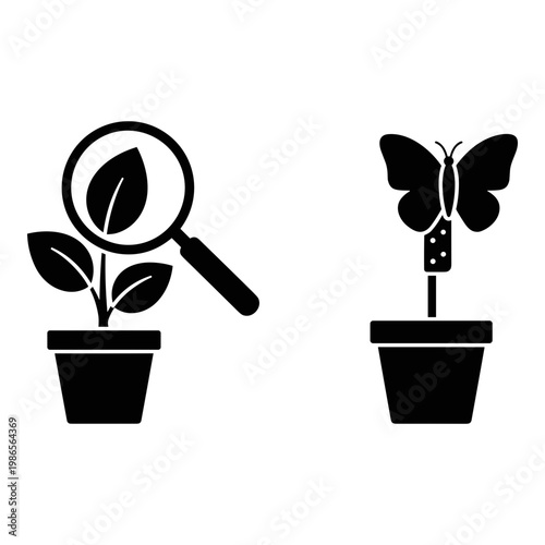Botanical icons, plant growth, gardening symbols, black silhouette set