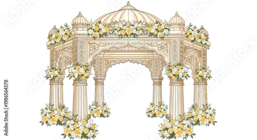 Detailed vector illustration of an ornate wedding pavilion featuring intricate carvings and floral arrangements, set against a stark white background with a shallow depth of field
