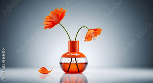 Vibrant orange gerbera daisies in modern glass vase, minimalist floral arrangement on grey background, elegant interior decor still life