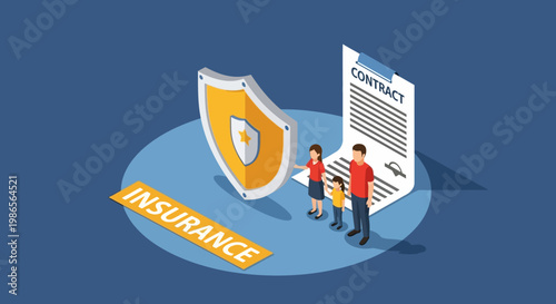 Family Secure with Protection: Conceptual illustration of family safeguarding and insurance contracts, symbolizing protection and security.