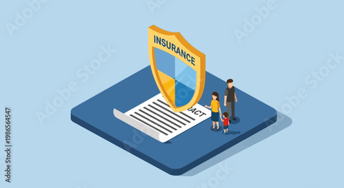 Insurance Protection: Depicting security and peace of mind with a shield over a contract and a family standing nearby. It encapsulates the core essence of safeguarding assets and futures.