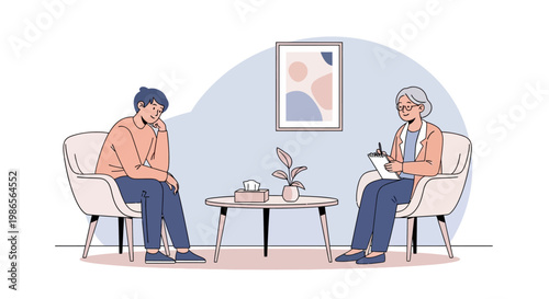 Two people having a conversation in a cozy living room setting indoors