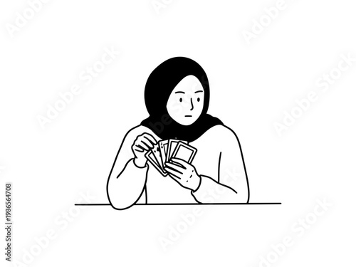 A black and white vector illustration showing a young hijabi girl thoughtfully holding a hand of playing cards during a game or leisure activity.