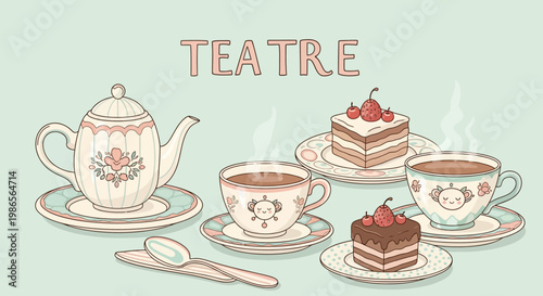 Teatime Delight: A whimsical illustration sets the scene for a delightful teatime experience. Featuring an elegant teapot, dainty cups of tea, and delectable pastries.