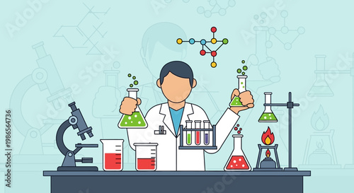 Lab Experiment: A scientist in a lab coat is conducting a science experiment, surrounded by various equipment such as test tubes, beakers, and a microscope.