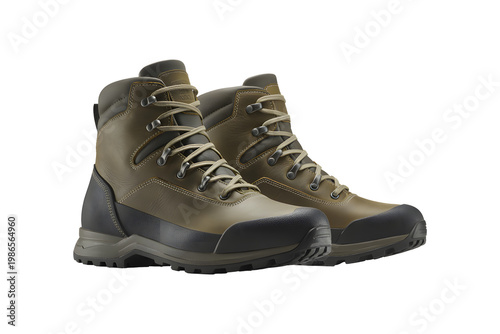 Pair of olive green hiking boots with laces on transparent background