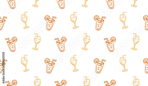 Iced juice doodle background. Fresh drinks pattern background. Lemon and orange juices seamless pattern for packaging. Summer beverage hand drawn wallpaper.