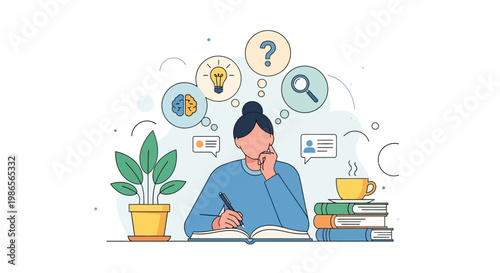 A man sits at a desk thinking deeply while writing in an open book surrounded by a plant books and a cup of coffee with thought bubbles above his head.