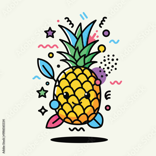 A colorful cartoon pineapple with decorative elements