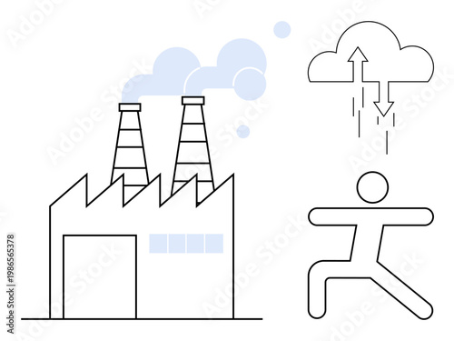 Environmental impact with factory emissions, pollution, and human connection to climate change. Environmental issues, industrialization, and human responsibility through symbols. Ideal for ecology
