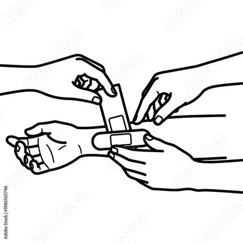 First aid treatment bandaging wound on hand line art