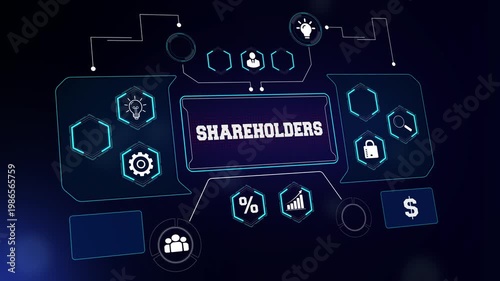 Shareholding and investor relations concept video featuring a futuristic digital interface for stock ownership explainers, corporate equity presentations, and financial promos