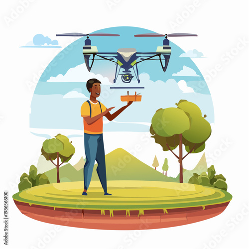 Man operating a drone outdoors in a park.