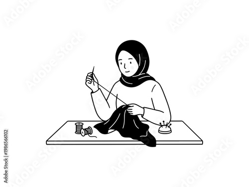 A minimalist black and white line art vector of a Muslim woman in a hijab hand-sewing fabric at a desk with tailoring supplies like thread and a pincushion.