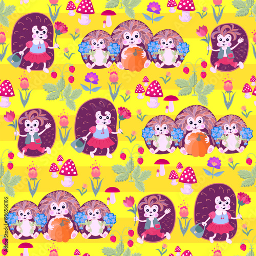 Cute fairytale hedgehogs on bright yellow background. Seamless pattern with family of hedgehogs, strawberry bushes, flowers, mushrooms. Colorful summer design