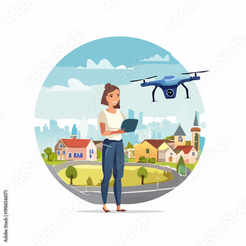Woman operating a drone with a laptop in a suburban neighborhood setting.