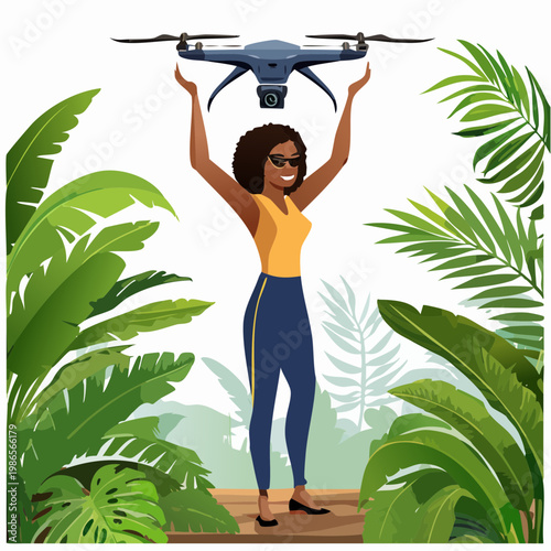 Woman holding up a drone outdoors.