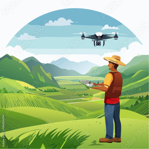 Man operating drone over green landscape.
