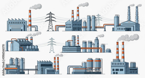 Collection of industrial factory buildings with smokestacks emitting smoke.