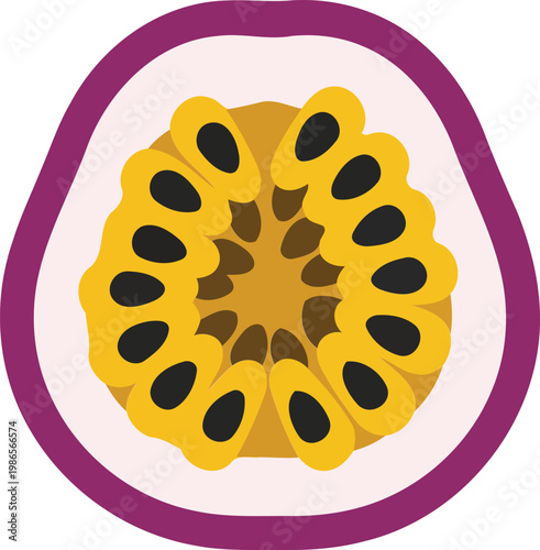 Passion fruit cut open with yellow pulp and black seeds