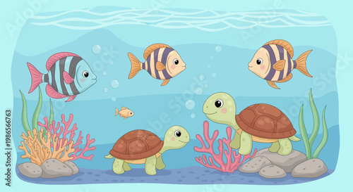 Aquatic Friends: Charming sea turtles and colorful fish gather in a vibrant underwater world, creating a scene of playful camaraderie and serene marine life.