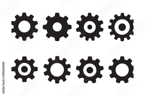 Black and white illustration of gears and a single central circle