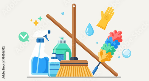 Essential Cleaning Supplies: A collection of cleaning supplies arranged in an eye-catching way, showcasing essential tools for maintaining a fresh and tidy home or office.